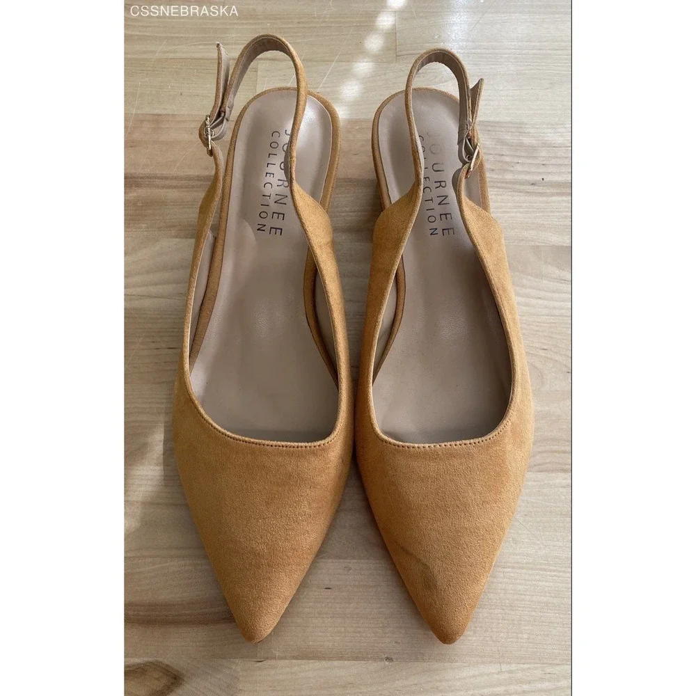 Journee Collection Kittie Mustard Faux Suede Slingback Block Heels Size 9.5
